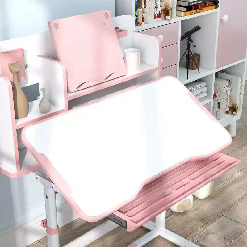 Qaba Kids Desk and Chair Set, Height Adjustable Kids School Study Desk and Chair Set with Tilt Desktop, Storage Drawer and Reading Rack, Pink