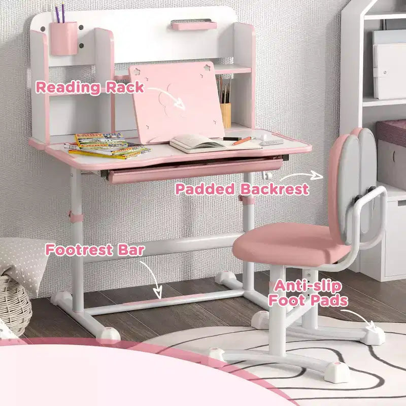 Qaba Kids Desk and Chair Set, Height Adjustable Kids School Study Desk and Chair Set with Tilt Desktop, Storage Drawer and Reading Rack, Pink