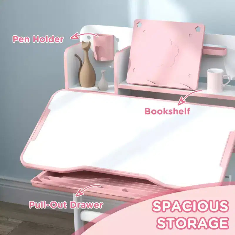 Qaba Kids Desk and Chair Set, Height Adjustable Kids School Study Desk and Chair Set with Tilt Desktop, Storage Drawer and Reading Rack, Pink