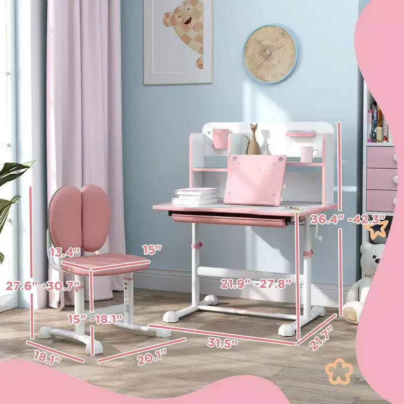 Qaba Kids Desk and Chair Set, Height Adjustable Kids School Study Desk and Chair Set with Tilt Desktop, Storage Drawer and Reading Rack, Pink