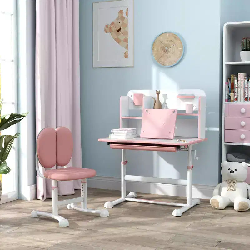 Qaba Kids Desk and Chair Set, Height Adjustable Kids School Study Desk and Chair Set with Tilt Desktop, Storage Drawer and Reading Rack, Pink