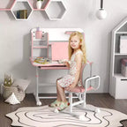 Qaba Kids Desk and Chair Set, Height Adjustable Kids School Study Desk and Chair Set with Tilt Desktop, Storage Drawer and Reading Rack, Pink