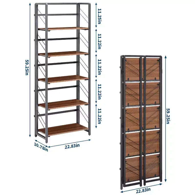 4/5-Tier Folding Shelf - No-Assembly Space-Saving Industrial Bookshelf for Home Office