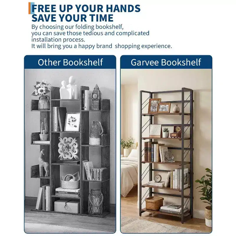 4/5-Tier Folding Shelf - No-Assembly Space-Saving Industrial Bookshelf for Home Office