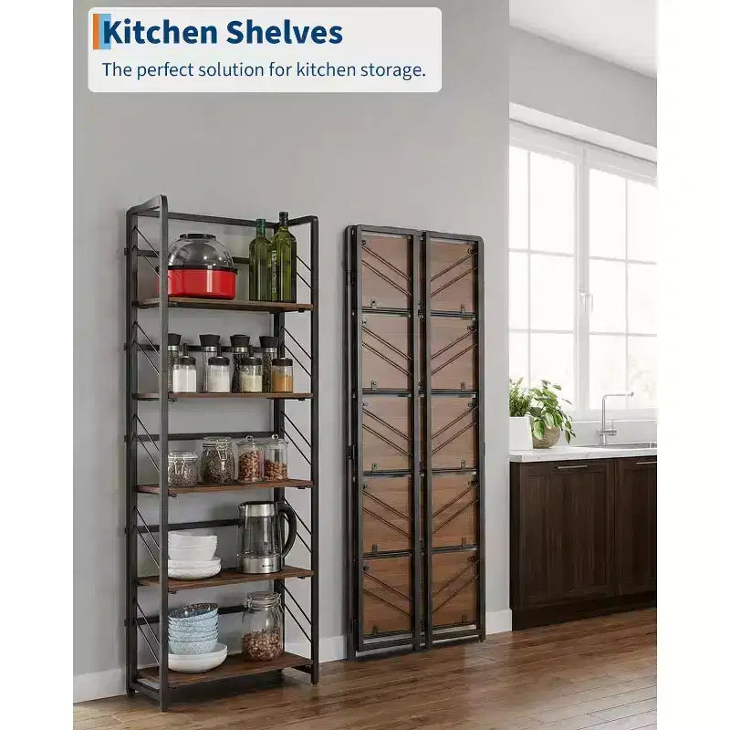 4/5-Tier Folding Shelf - No-Assembly Space-Saving Industrial Bookshelf for Home Office