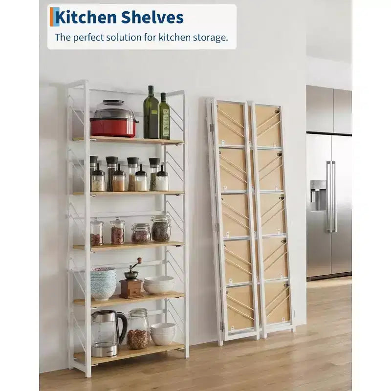 4/5-Tier Folding Shelf - No-Assembly Space-Saving Industrial Bookshelf for Home Office