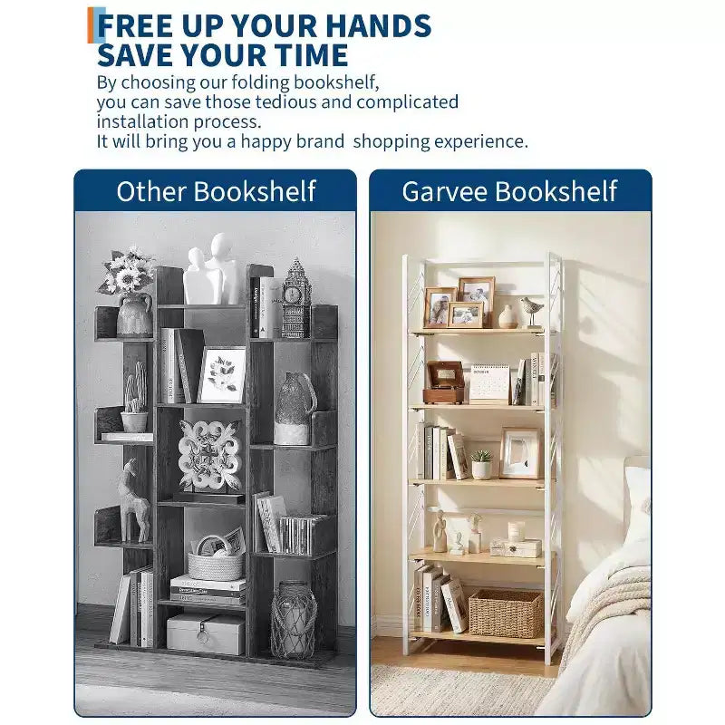 4/5-Tier Folding Shelf - No-Assembly Space-Saving Industrial Bookshelf for Home Office