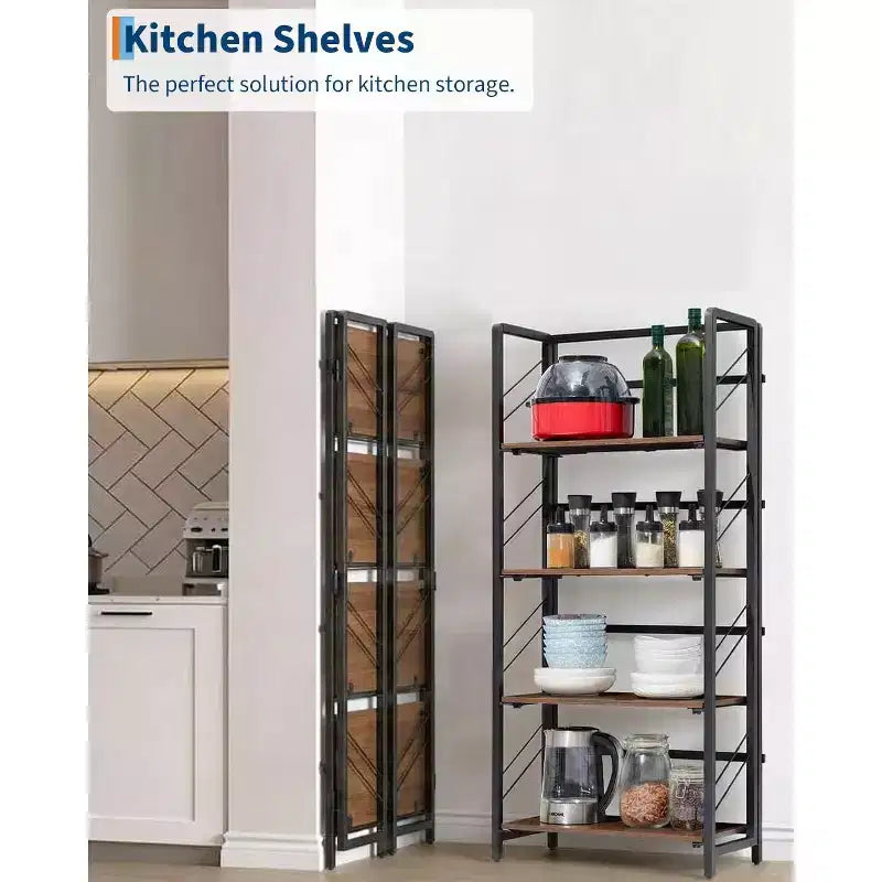 4/5-Tier Folding Shelf - No-Assembly Space-Saving Industrial Bookshelf for Home Office