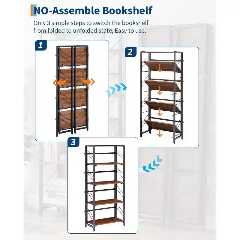 4/5-Tier Folding Shelf - No-Assembly Space-Saving Industrial Bookshelf for Home Office