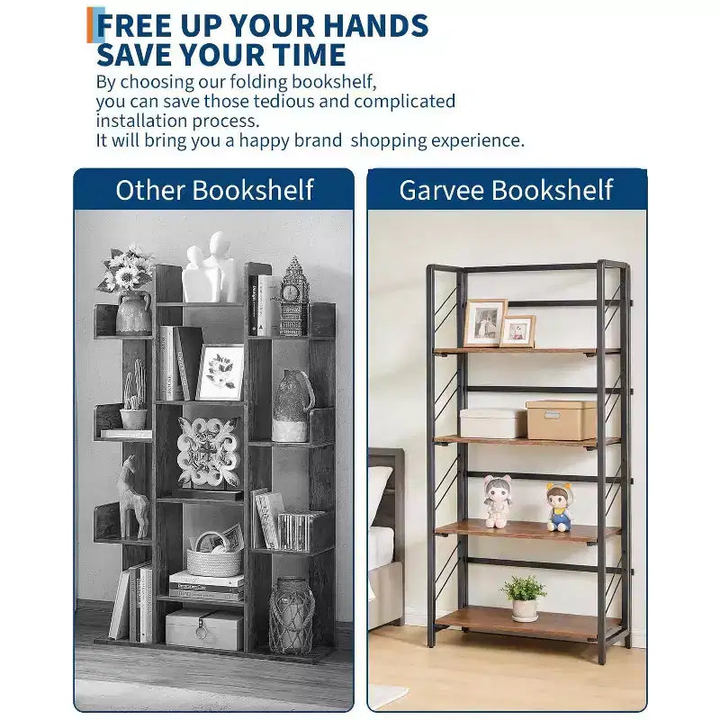 4/5-Tier Folding Shelf - No-Assembly Space-Saving Industrial Bookshelf for Home Office