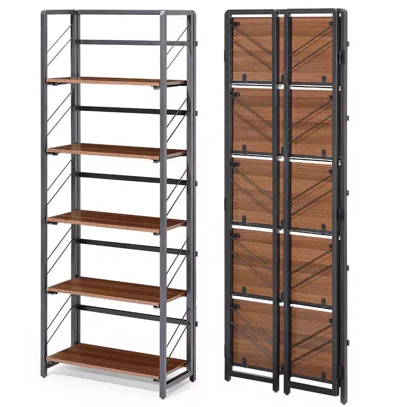 4/5-Tier Folding Shelf - No-Assembly Space-Saving Industrial Bookshelf for Home Office