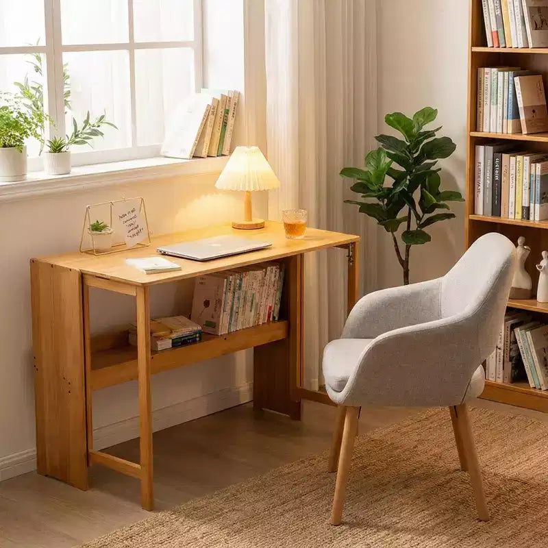 FurnitureR Natural Bamboo Folding Desk with Storage Shelf, Space-Saving Drop-Leaf Writing Table for Small Spaces, Home Office or Study Room