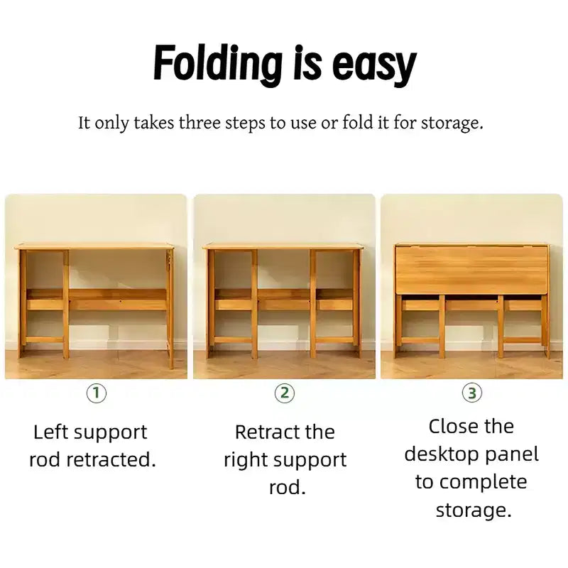 FurnitureR Natural Bamboo Folding Desk with Storage Shelf, Space-Saving Drop-Leaf Writing Table for Small Spaces, Home Office or Study Room