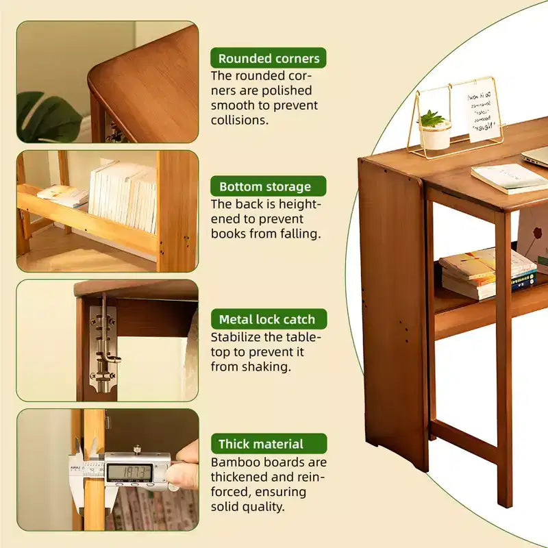 FurnitureR Natural Bamboo Folding Desk with Storage Shelf, Space-Saving Drop-Leaf Writing Table for Small Spaces, Home Office or Study Room