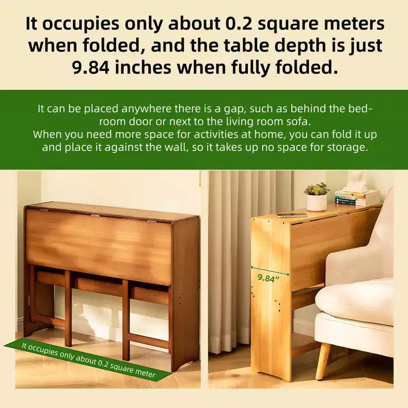 FurnitureR Natural Bamboo Folding Desk with Storage Shelf, Space-Saving Drop-Leaf Writing Table for Small Spaces, Home Office or Study Room