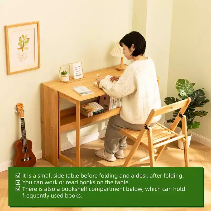 FurnitureR Natural Bamboo Folding Desk with Storage Shelf, Space-Saving Drop-Leaf Writing Table for Small Spaces, Home Office or Study Room