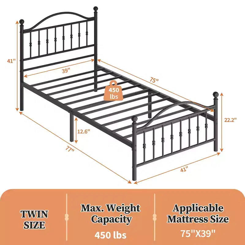 Sturdy Metal Platform Bed Frame with Headboard - Twin Size - Durable Mattress Foundation