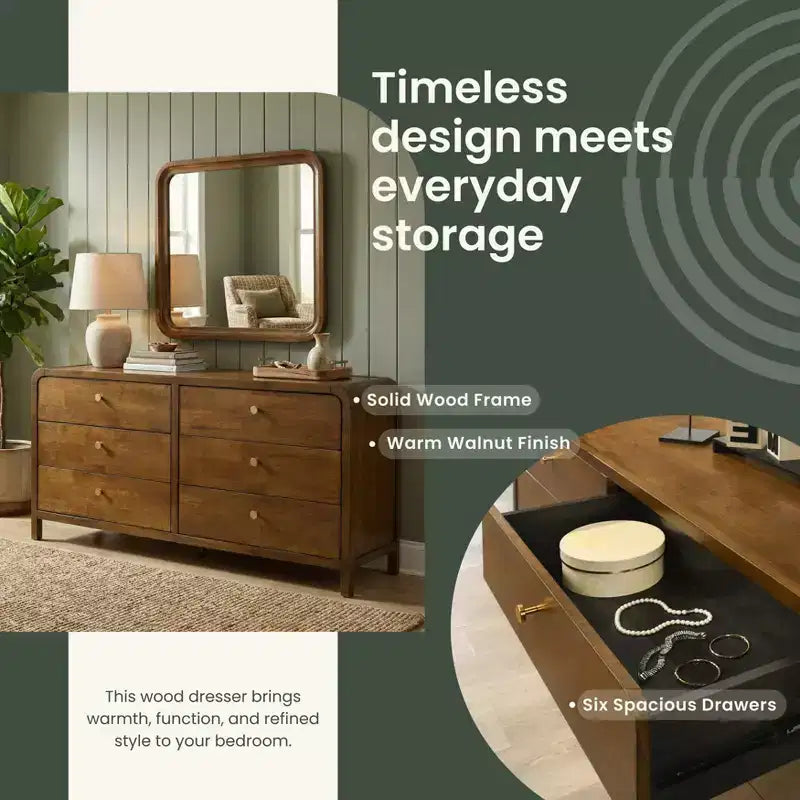 Roundhill Furniture Eldren Wood Bedroom Set, Platform Bed with Dresser, Mirror, and Nightstand in Walnut Finish