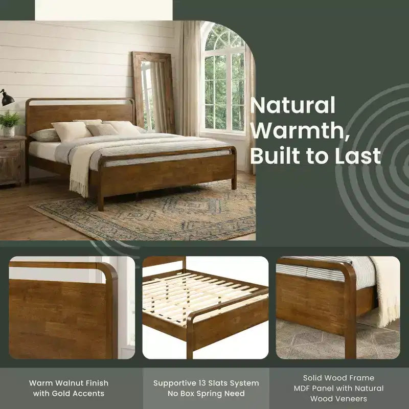 Roundhill Furniture Eldren Wood Bedroom Set, Platform Bed with Dresser, Mirror, and Nightstand in Walnut Finish