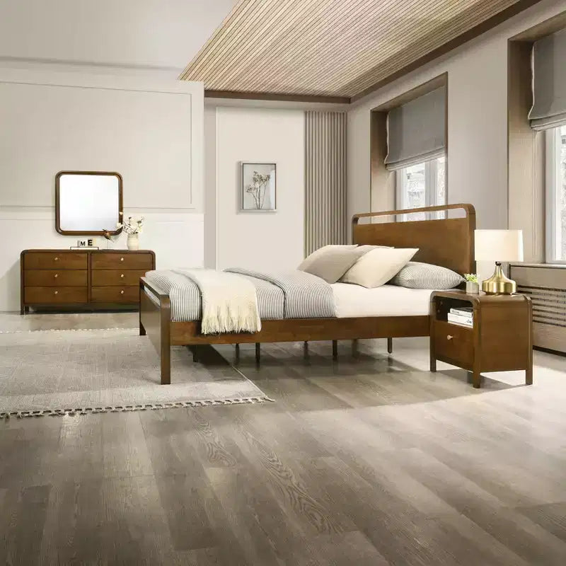 Roundhill Furniture Eldren Wood Bedroom Set, Platform Bed with Dresser, Mirror, and Nightstand in Walnut Finish