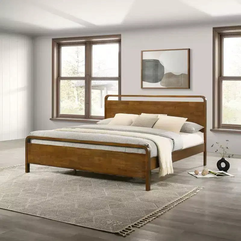 Roundhill Furniture Eldren Wood Bedroom Set, Platform Bed with Dresser, Mirror, and Nightstand in Walnut Finish
