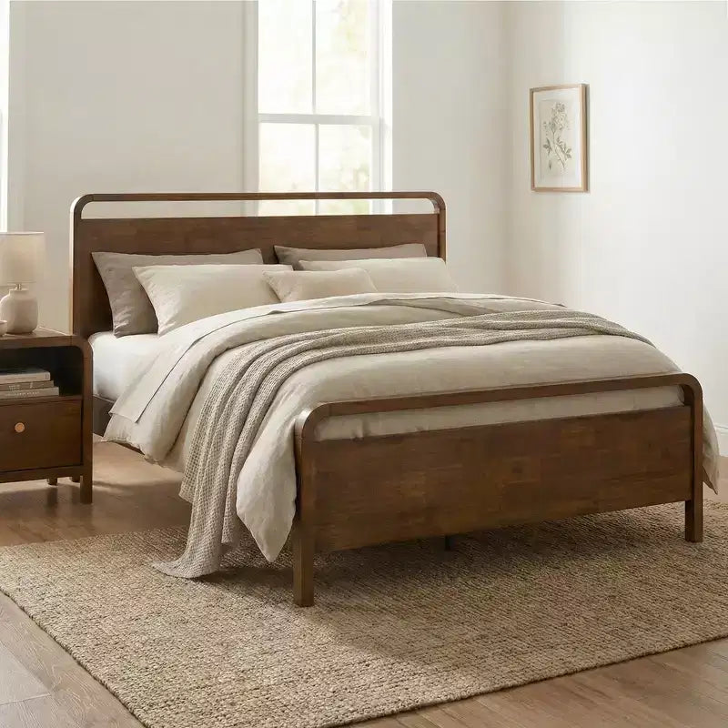 Roundhill Furniture Eldren Wood Bedroom Set, Platform Bed with Dresser, Mirror, and Nightstand in Walnut Finish