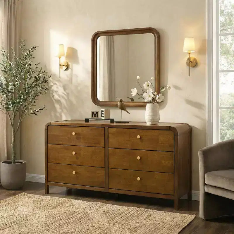 Roundhill Furniture Eldren Wood Bedroom Set, Platform Bed with Dresser, Mirror, and Nightstand in Walnut Finish