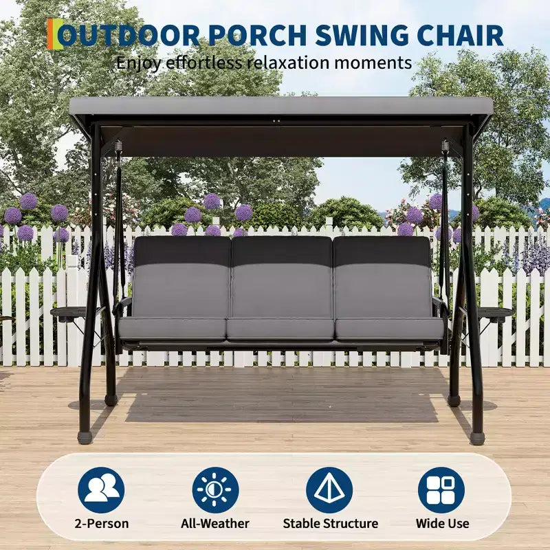 3 Seat Outdoor Porch Swing with Stand, Patio Swing with Adjustable Canopy, Thickened Removable Cushions  Cup Holders for Backyard, Garden