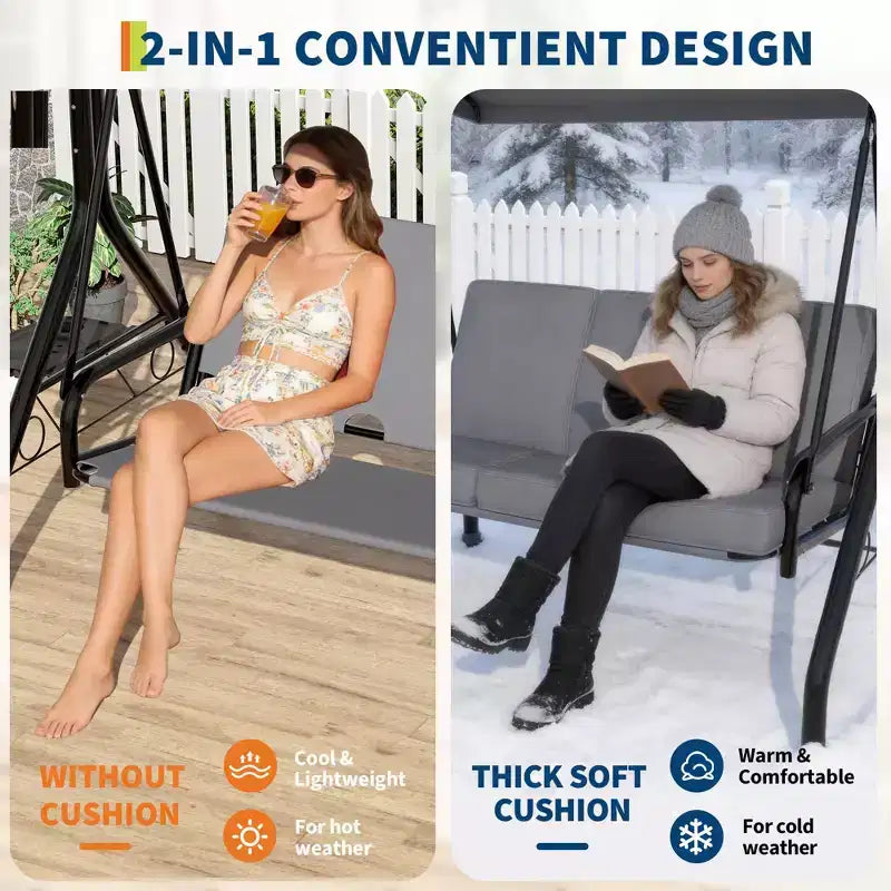 3 Seat Outdoor Porch Swing with Stand, Patio Swing with Adjustable Canopy, Thickened Removable Cushions  Cup Holders for Backyard, Garden