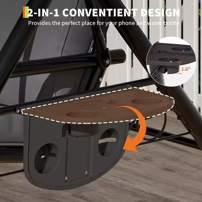 3 Seat Outdoor Porch Swing with Stand, Patio Swing with Adjustable Canopy, Thickened Removable Cushions  Cup Holders for Backyard, Garden