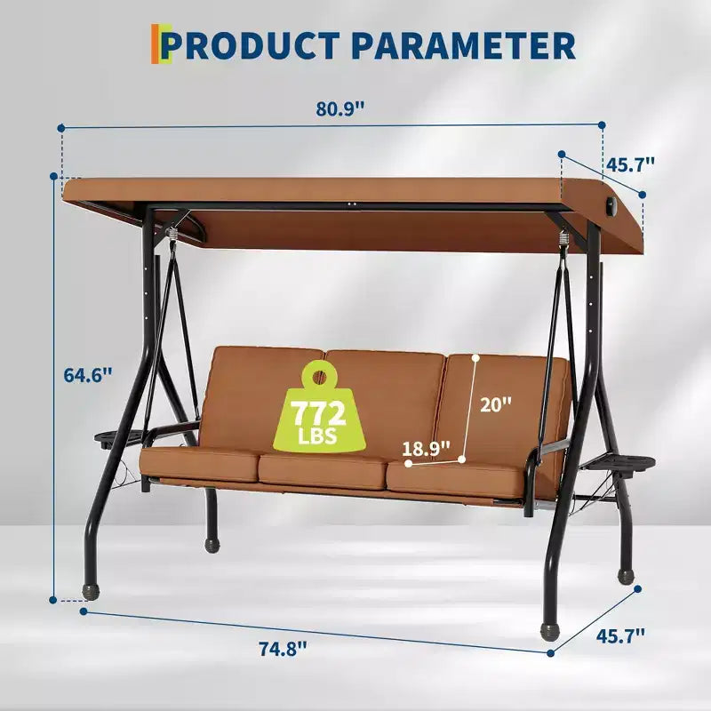 3 Seat Outdoor Porch Swing with Stand, Patio Swing with Adjustable Canopy, Thickened Removable Cushions  Cup Holders for Backyard, Garden