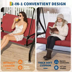 3 Seat Outdoor Porch Swing with Stand, Patio Swing with Adjustable Canopy, Thickened Removable Cushions  Cup Holders for Backyard, Garden