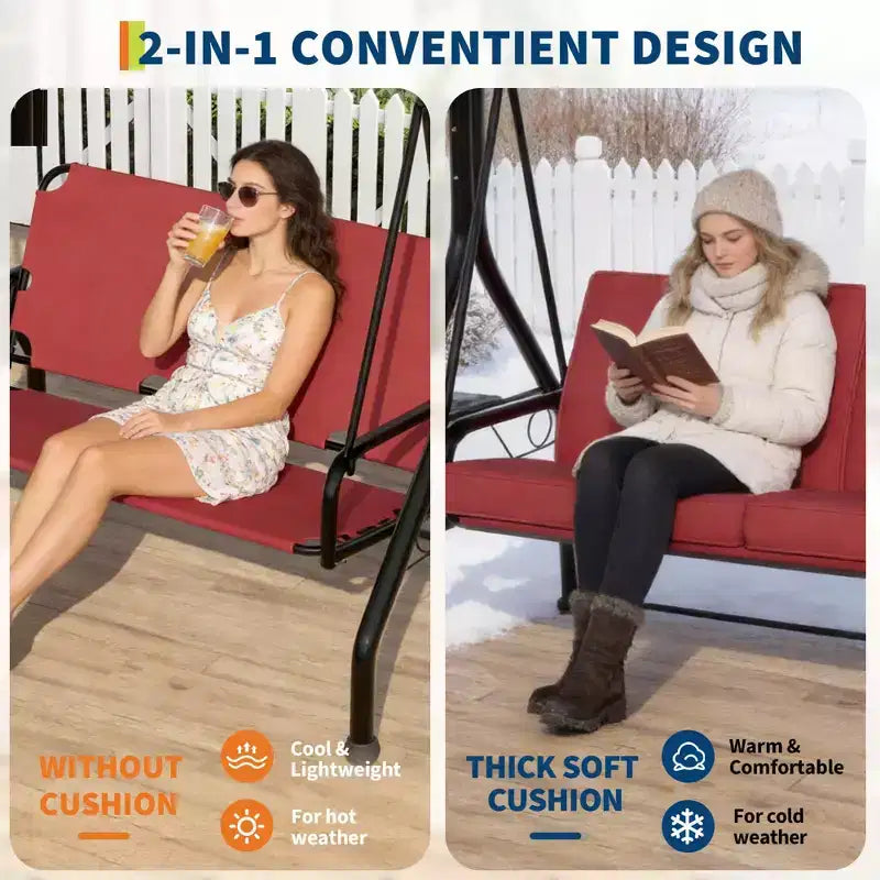 3 Seat Outdoor Porch Swing with Stand, Patio Swing with Adjustable Canopy, Thickened Removable Cushions  Cup Holders for Backyard, Garden