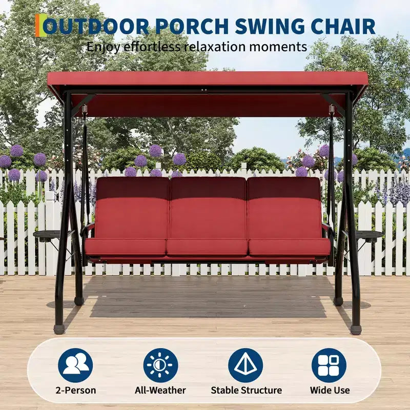 3 Seat Outdoor Porch Swing with Stand, Patio Swing with Adjustable Canopy, Thickened Removable Cushions  Cup Holders for Backyard, Garden