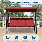 3 Seat Outdoor Porch Swing with Stand, Patio Swing with Adjustable Canopy, Thickened Removable Cushions  Cup Holders for Backyard, Garden