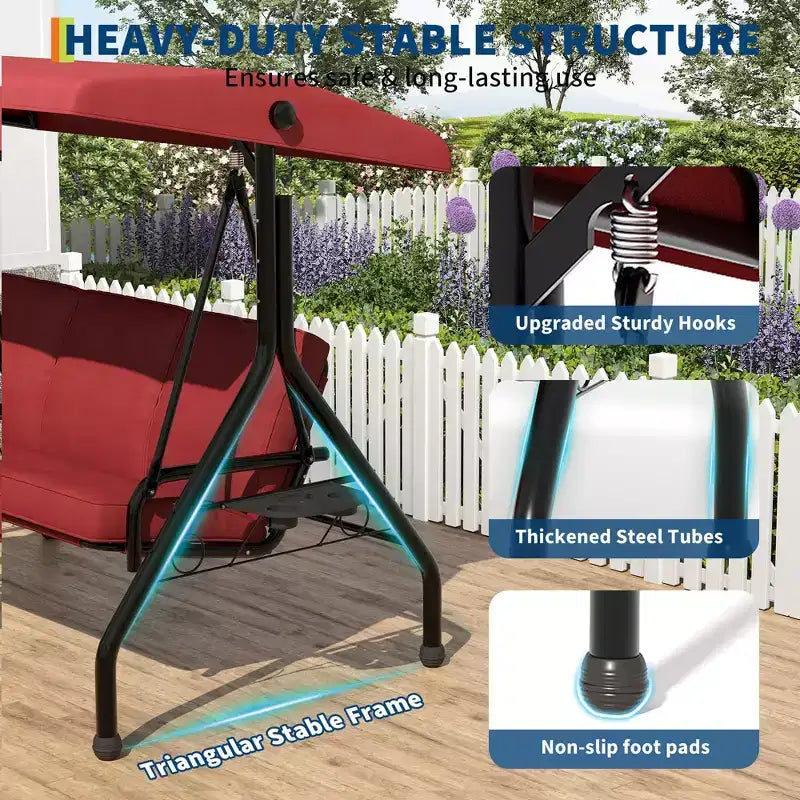 3 Seat Outdoor Porch Swing with Stand, Patio Swing with Adjustable Canopy, Thickened Removable Cushions  Cup Holders for Backyard, Garden