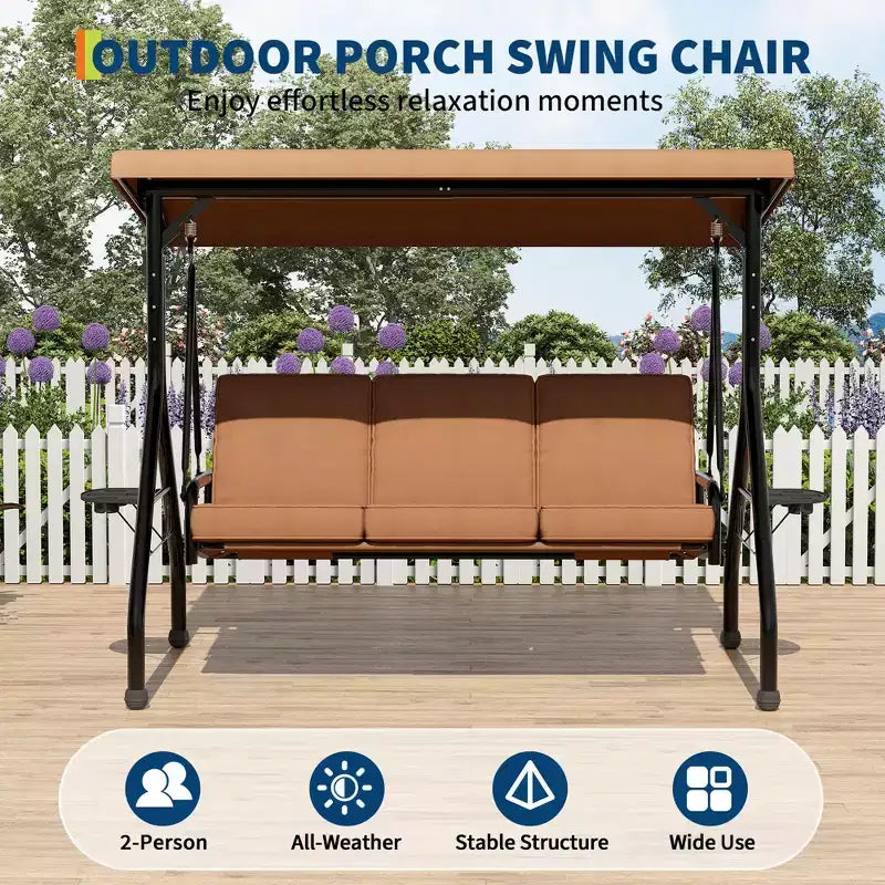 3 Seat Outdoor Porch Swing with Stand, Patio Swing with Adjustable Canopy, Thickened Removable Cushions  Cup Holders for Backyard, Garden