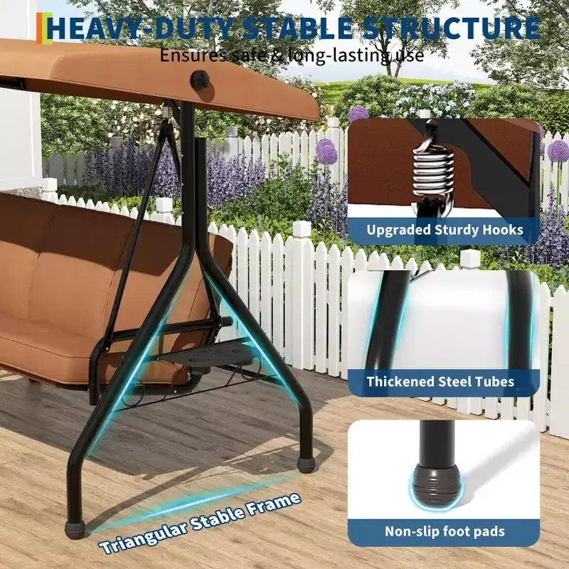 3 Seat Outdoor Porch Swing with Stand, Patio Swing with Adjustable Canopy, Thickened Removable Cushions  Cup Holders for Backyard, Garden