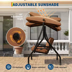 3 Seat Outdoor Porch Swing with Stand, Patio Swing with Adjustable Canopy, Thickened Removable Cushions  Cup Holders for Backyard, Garden