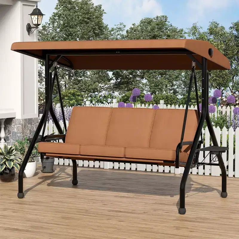 3 Seat Outdoor Porch Swing with Stand, Patio Swing with Adjustable Canopy, Thickened Removable Cushions  Cup Holders for Backyard, Garden