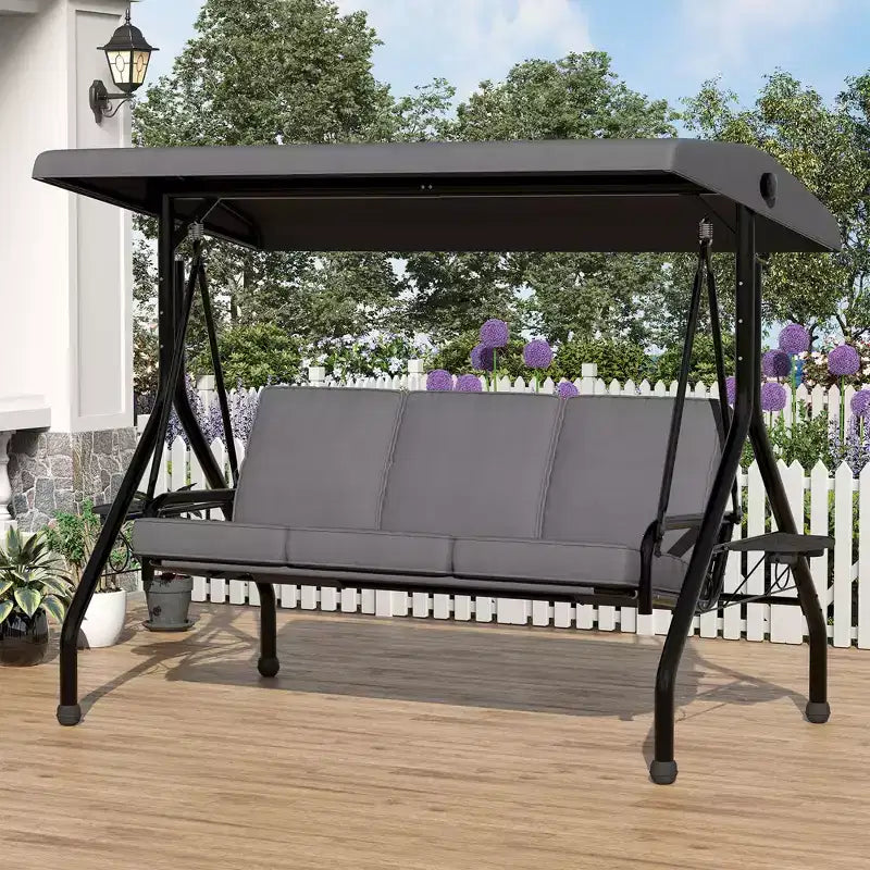 3 Seat Outdoor Porch Swing with Stand, Patio Swing with Adjustable Canopy, Thickened Removable Cushions  Cup Holders for Backyard, Garden