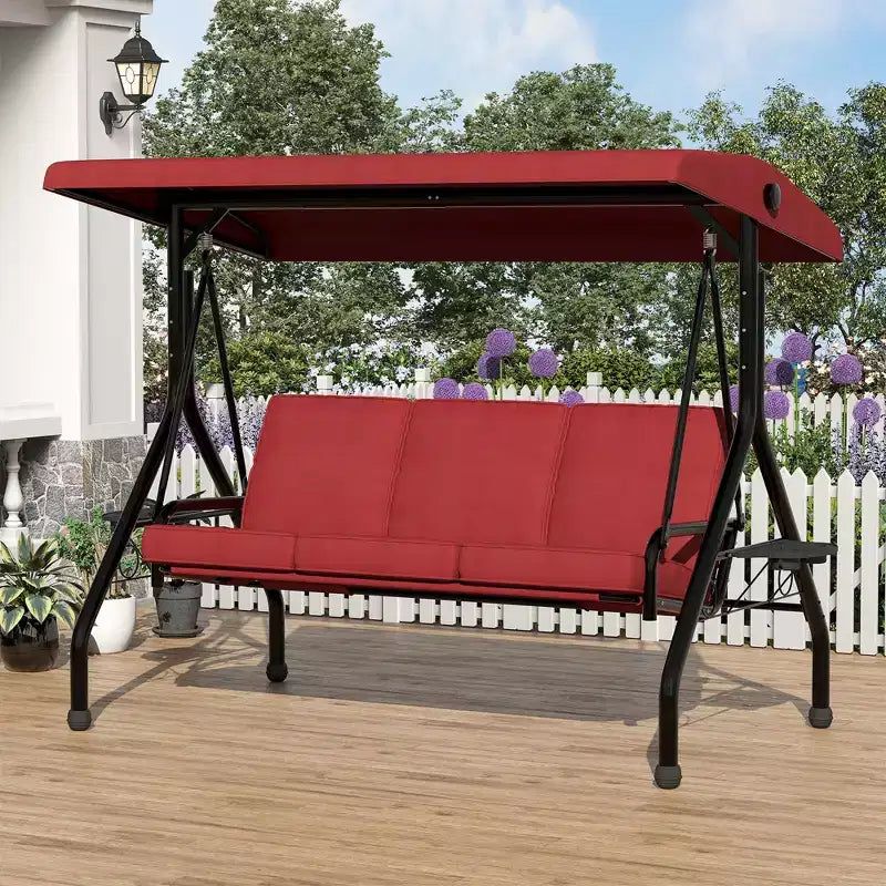 3 Seat Outdoor Porch Swing with Stand, Patio Swing with Adjustable Canopy, Thickened Removable Cushions  Cup Holders for Backyard, Garden