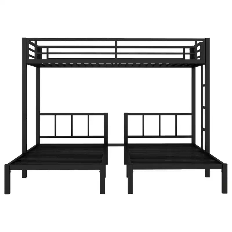 Bellemave Twin over Twin & Twin Metal Triple Bunk Bed, Detachable L-Shape, Convertible to 3 Beds, Guardrails & Shelf, Black