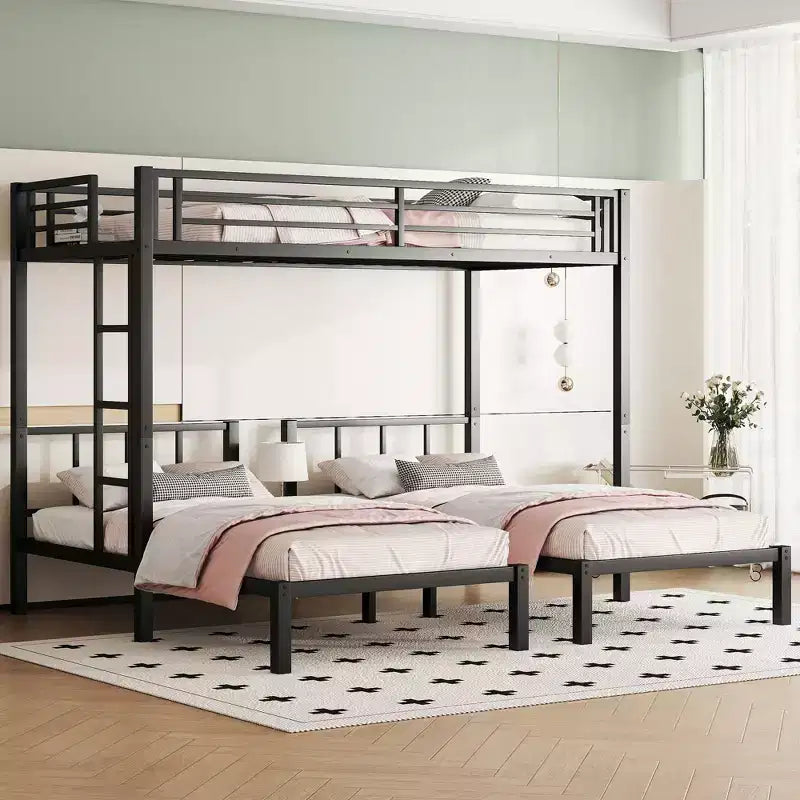 Bellemave Twin over Twin & Twin Metal Triple Bunk Bed, Detachable L-Shape, Convertible to 3 Beds, Guardrails & Shelf, Black