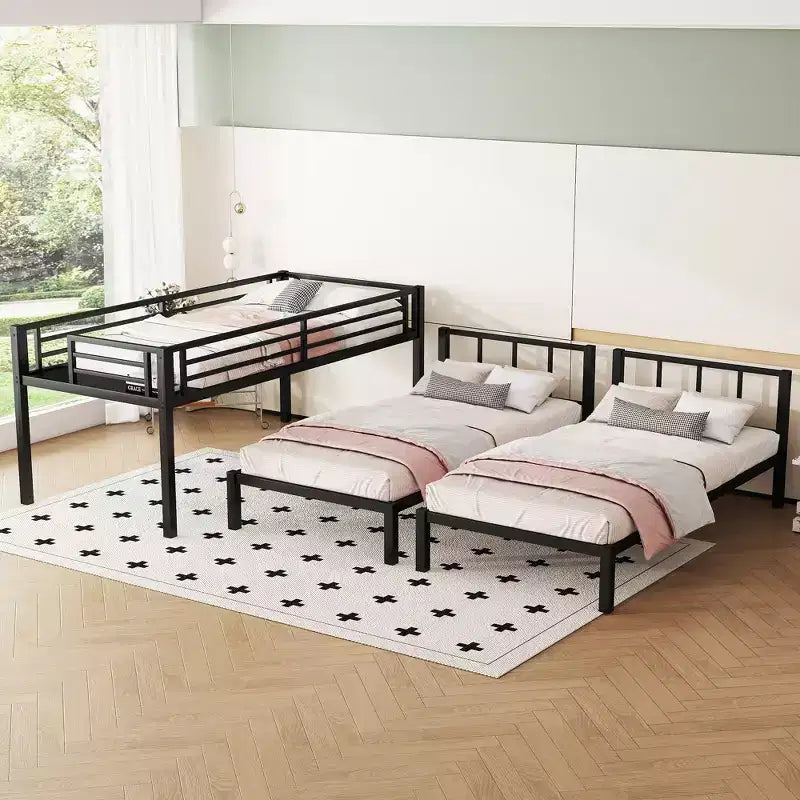 Bellemave Twin over Twin & Twin Metal Triple Bunk Bed, Detachable L-Shape, Convertible to 3 Beds, Guardrails & Shelf, Black