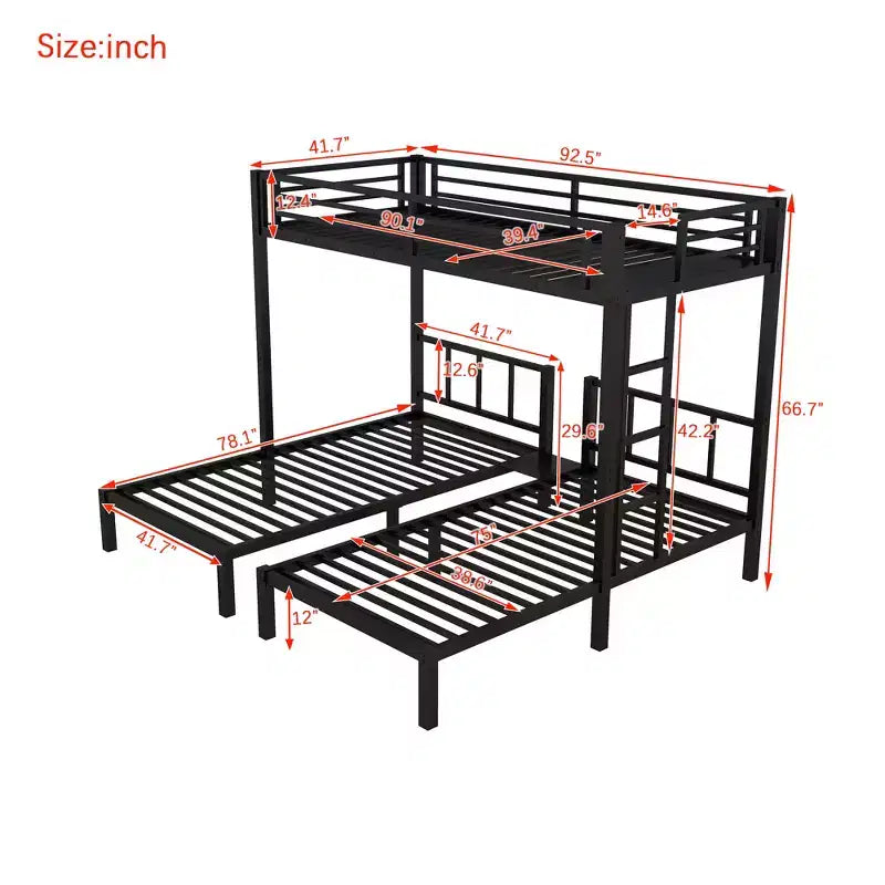 Bellemave Twin over Twin & Twin Metal Triple Bunk Bed, Detachable L-Shape, Convertible to 3 Beds, Guardrails & Shelf, Black