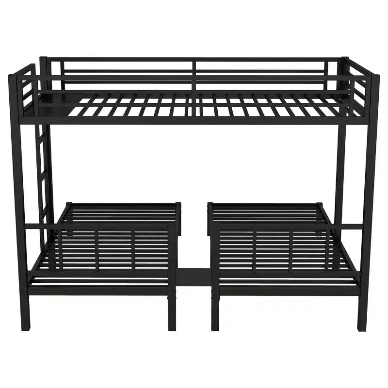 Bellemave Twin over Twin & Twin Metal Triple Bunk Bed, Detachable L-Shape, Convertible to 3 Beds, Guardrails & Shelf, Black
