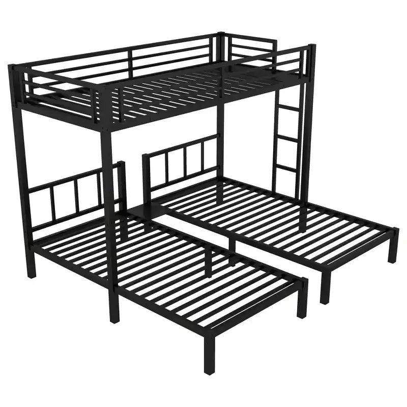 Bellemave Twin over Twin & Twin Metal Triple Bunk Bed, Detachable L-Shape, Convertible to 3 Beds, Guardrails & Shelf, Black