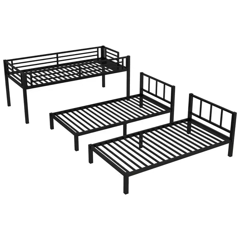 Bellemave Twin over Twin & Twin Metal Triple Bunk Bed, Detachable L-Shape, Convertible to 3 Beds, Guardrails & Shelf, Black