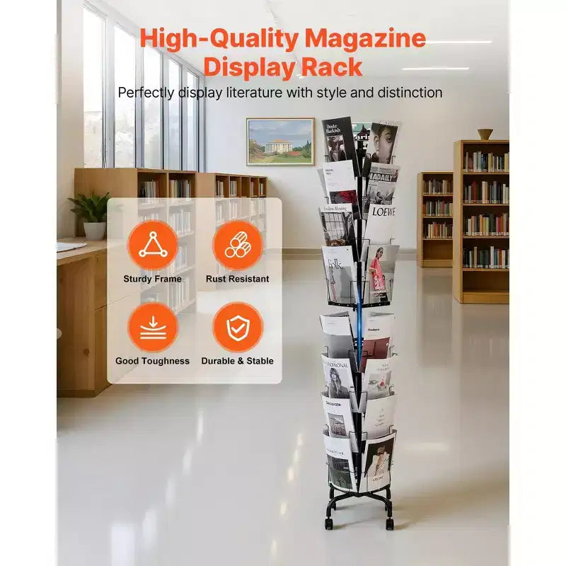 32-Pocket Rotating Card Display Stand with Wheels and Sign Holder - 360 Degree Spinning Rack